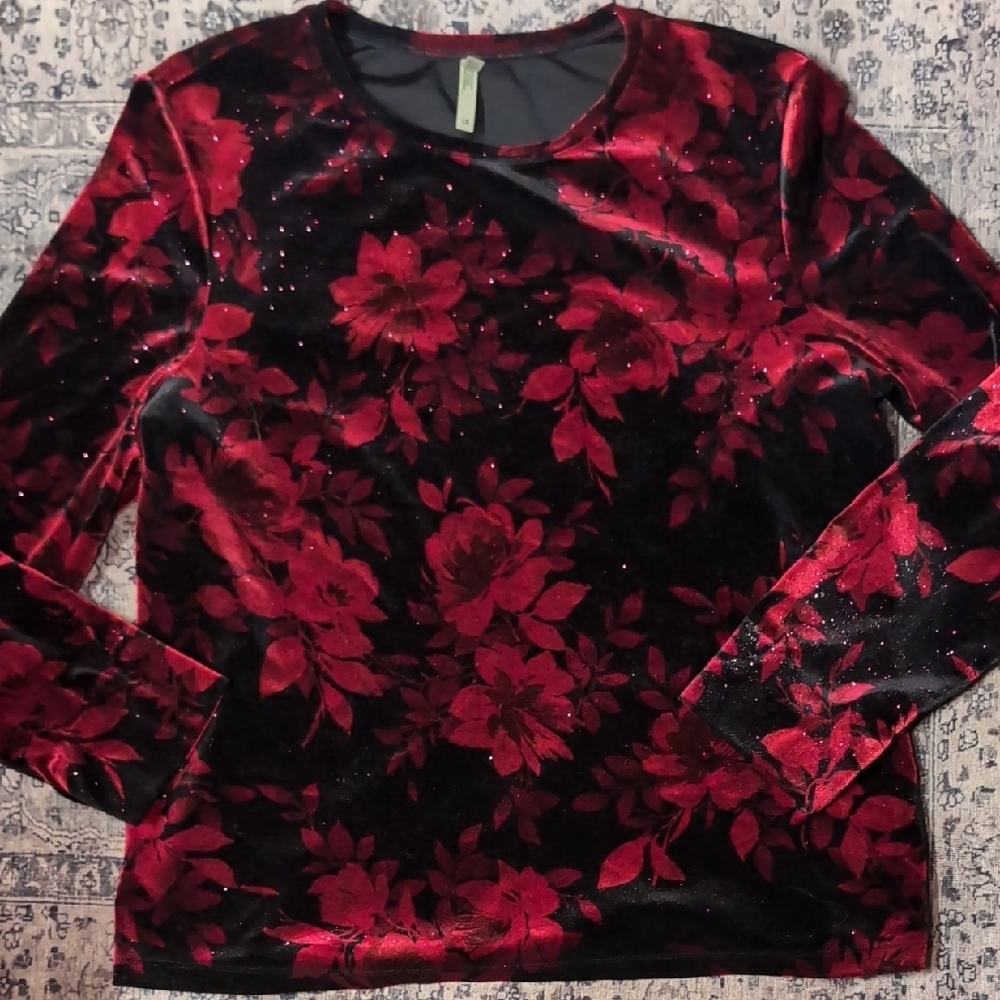 Sparkly Velvet Whimsigoth Festive Vampire White Stag Red and Black Floral Top